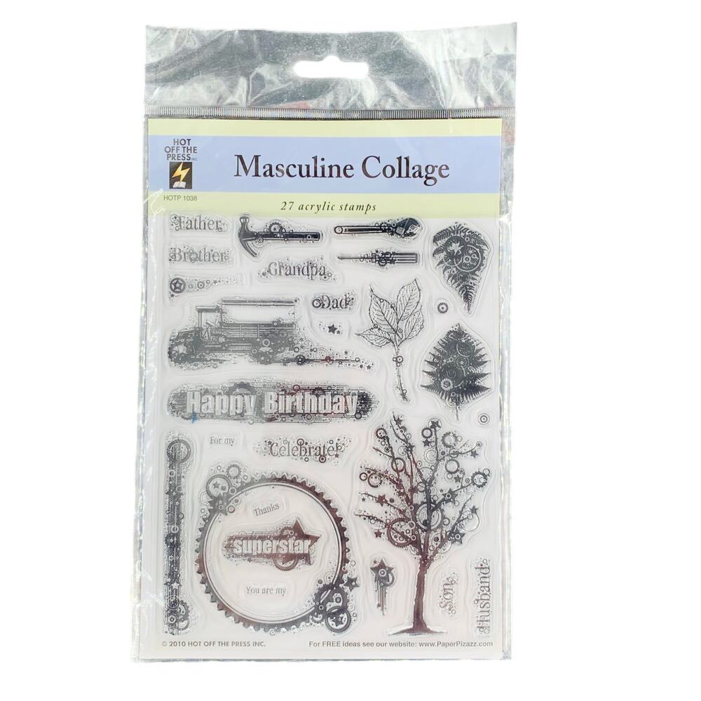Hot Off The Press Stamps Masculine Collage 27 Acrylic Truck Men Boys Words Leaf